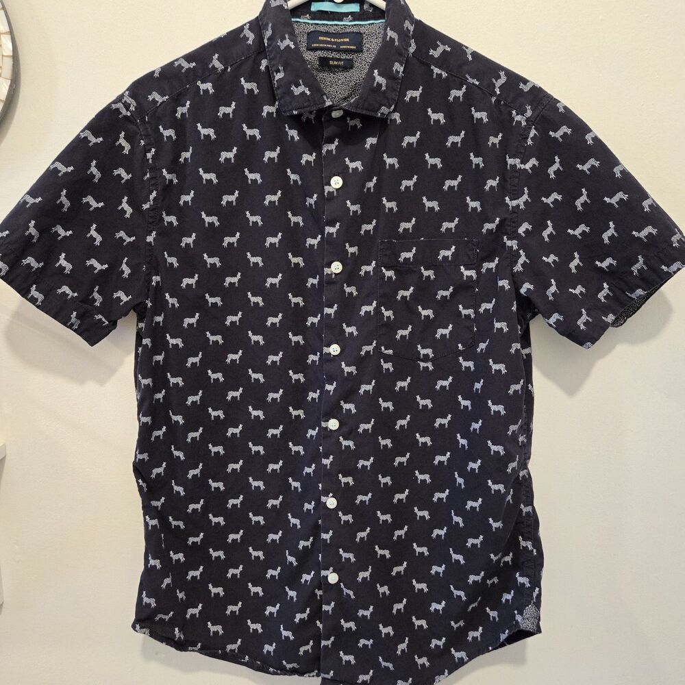 Denim & Flower Zebra Shirt Men M Slim Fit Button Down Short Sleeve Black